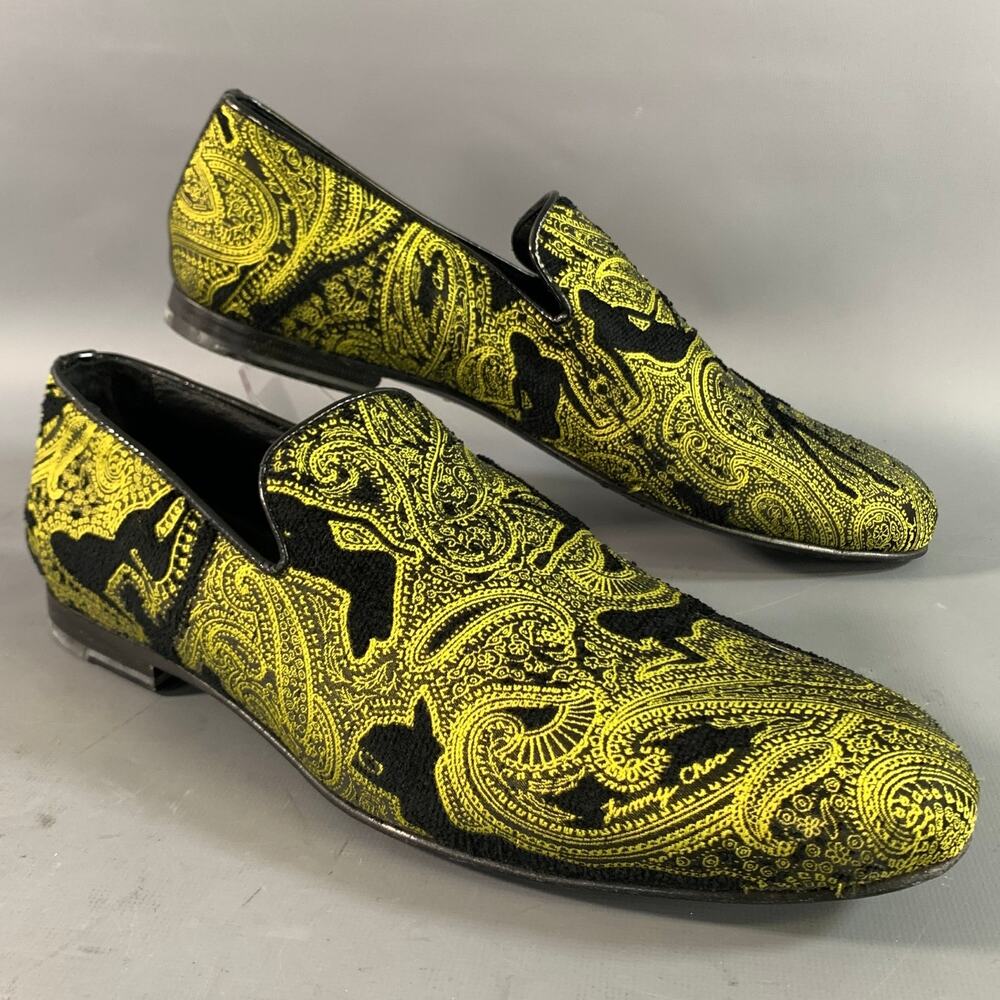 JIMMY CHOO Size 9 Black Neon Yellow Paisley Slip On Loafers